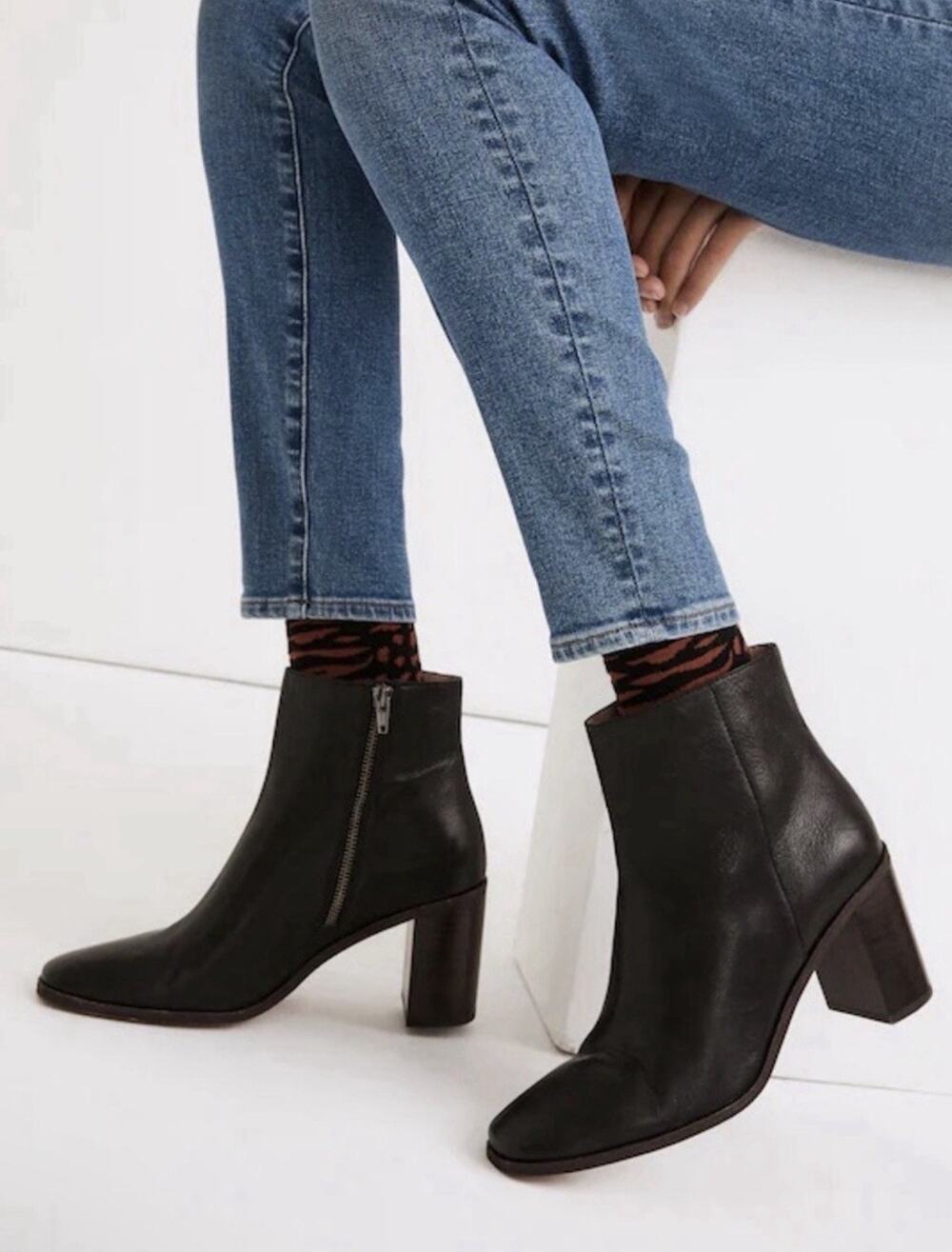 Madewell The Greer Black Leather Ankle Boots Block Heel Side Zip Sz 7 Minimalist